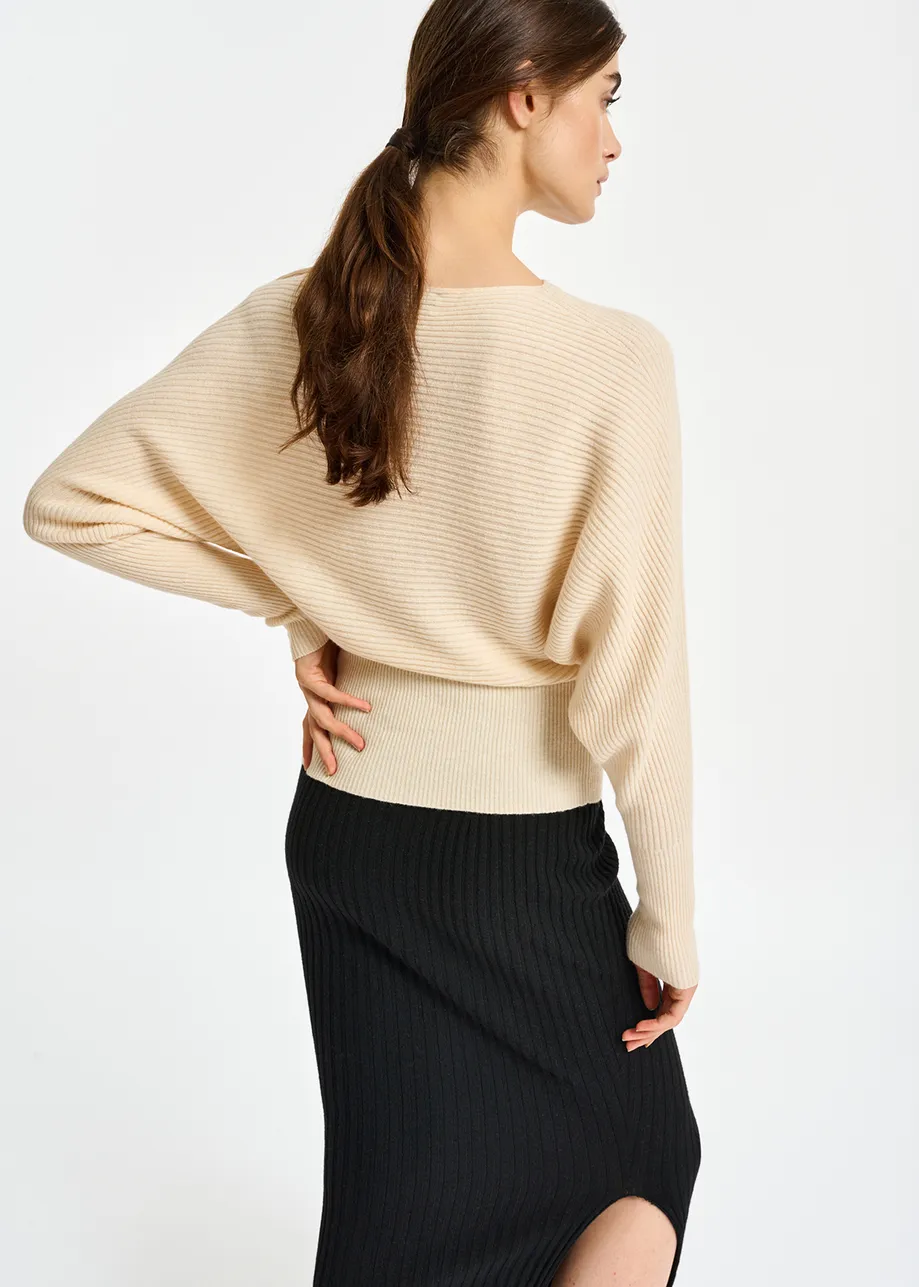 Ecru batwing-sleeve knit sweater