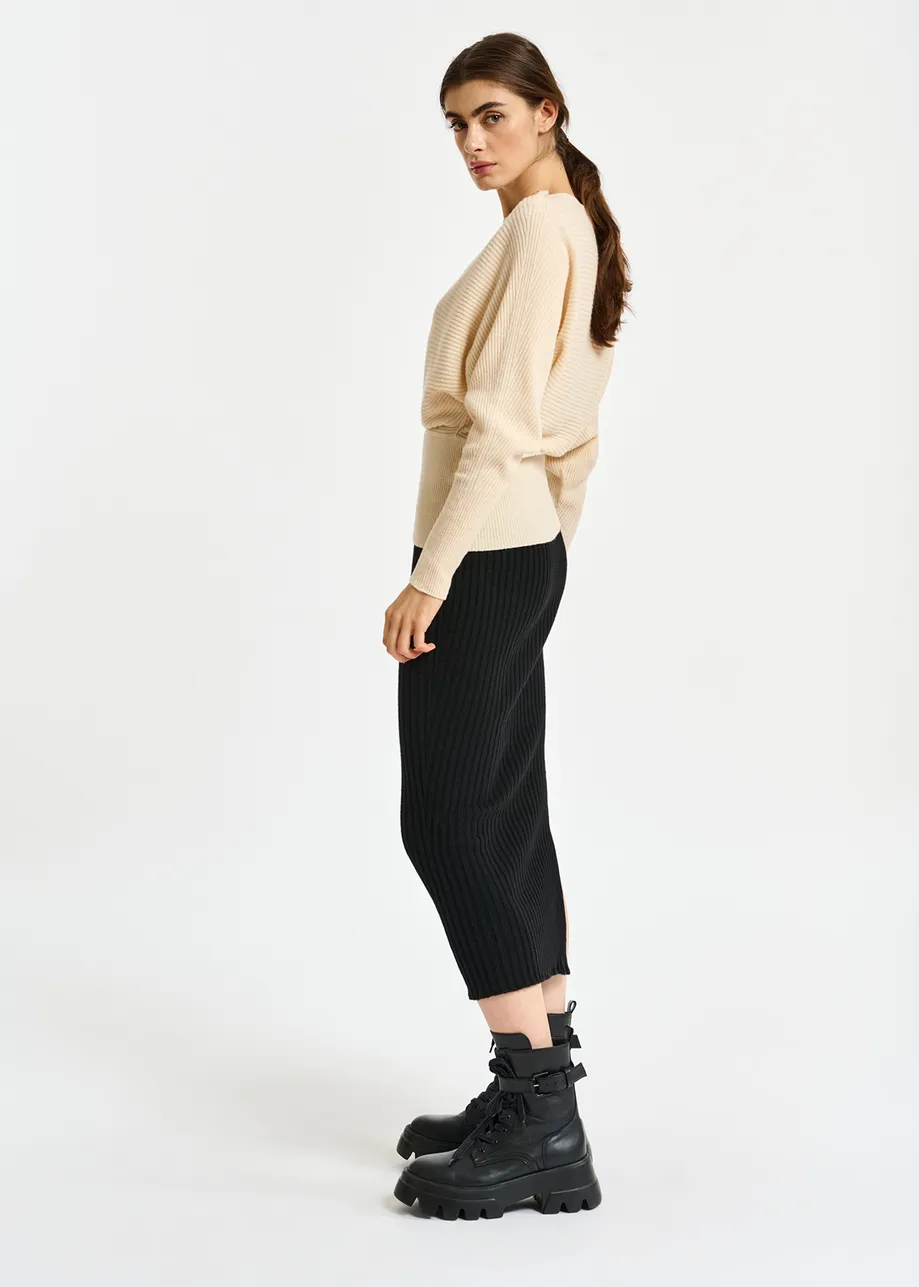 Ecru batwing-sleeve knit sweater