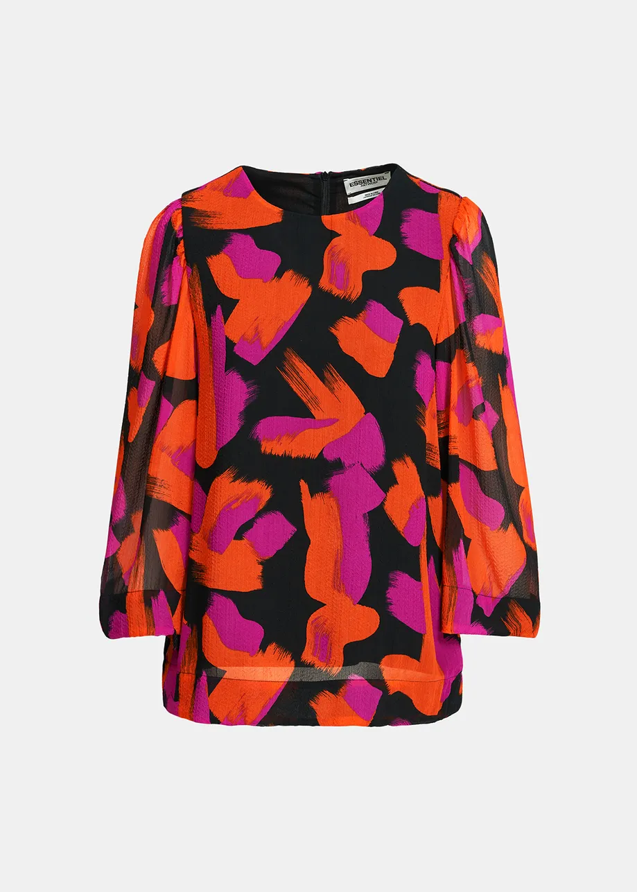 Black, orange and purple abstract-print top with puffed shoulders