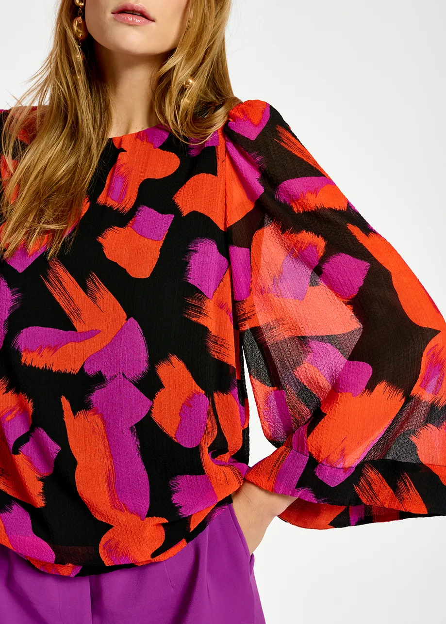 Black, orange and purple abstract-print top with puffed shoulders