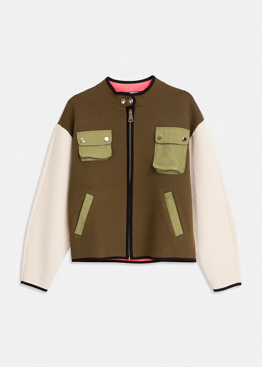 Khaki and off-white utility-inspired knit jacket