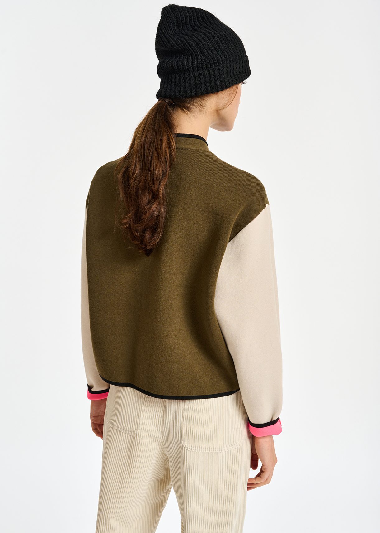 Khaki and off-white utility-inspired knit jacket