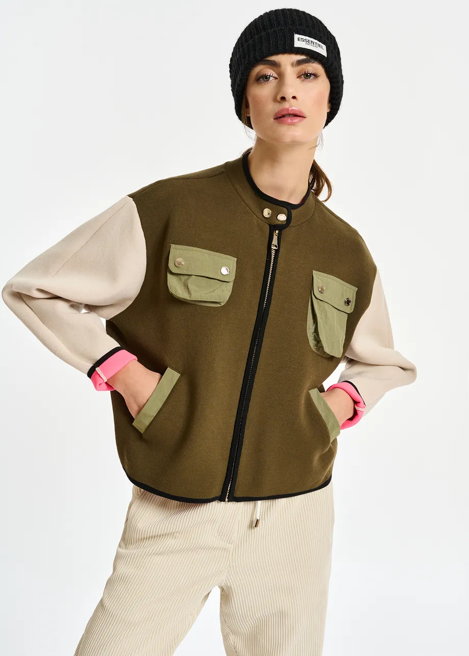 Khaki and off-white utility-inspired knit jacket