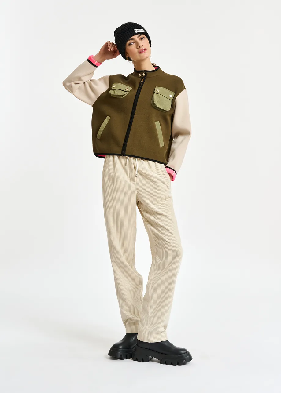 Khaki and off-white utility-inspired knit jacket