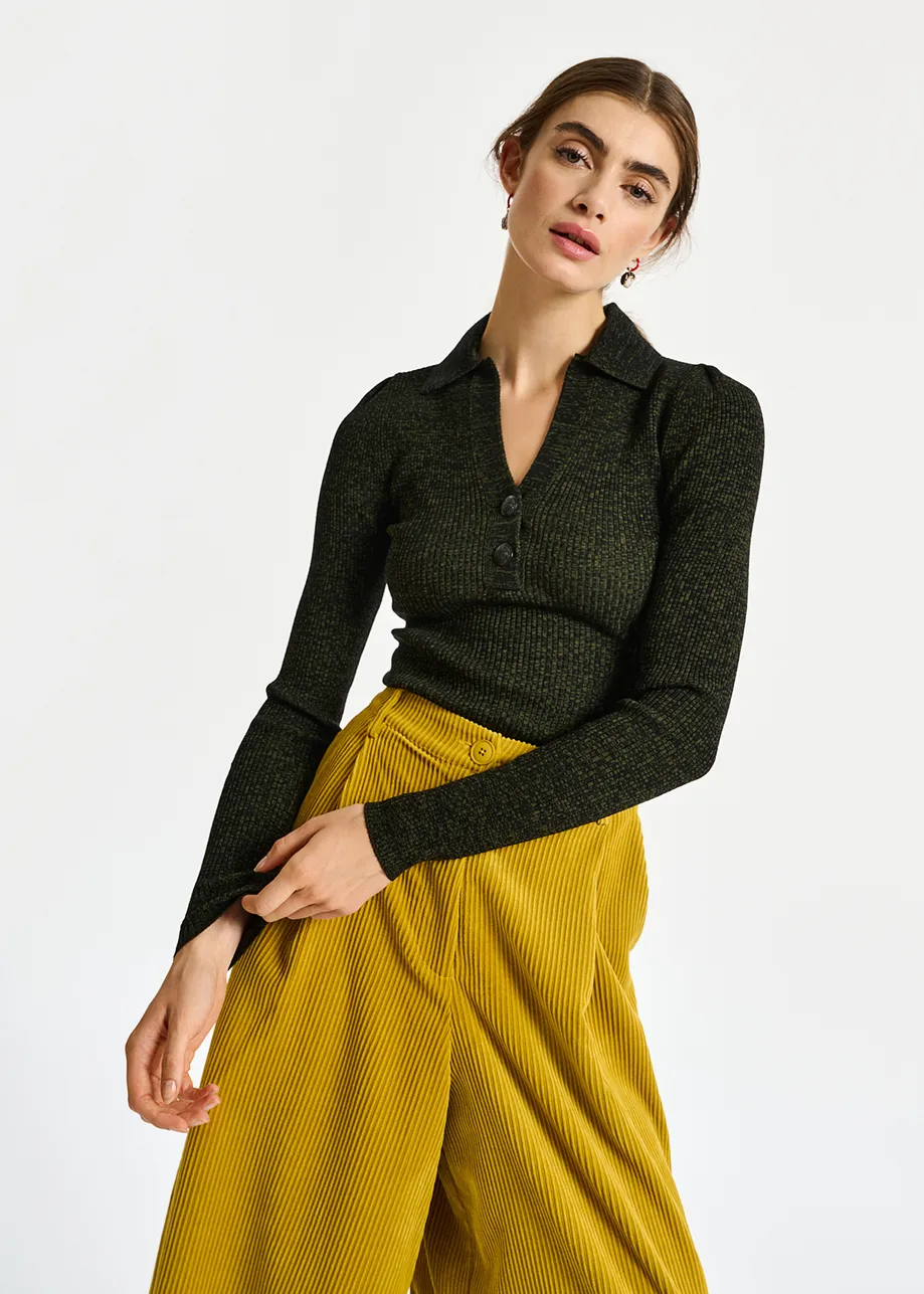 Khaki and black mélange ribbed-knit sweater