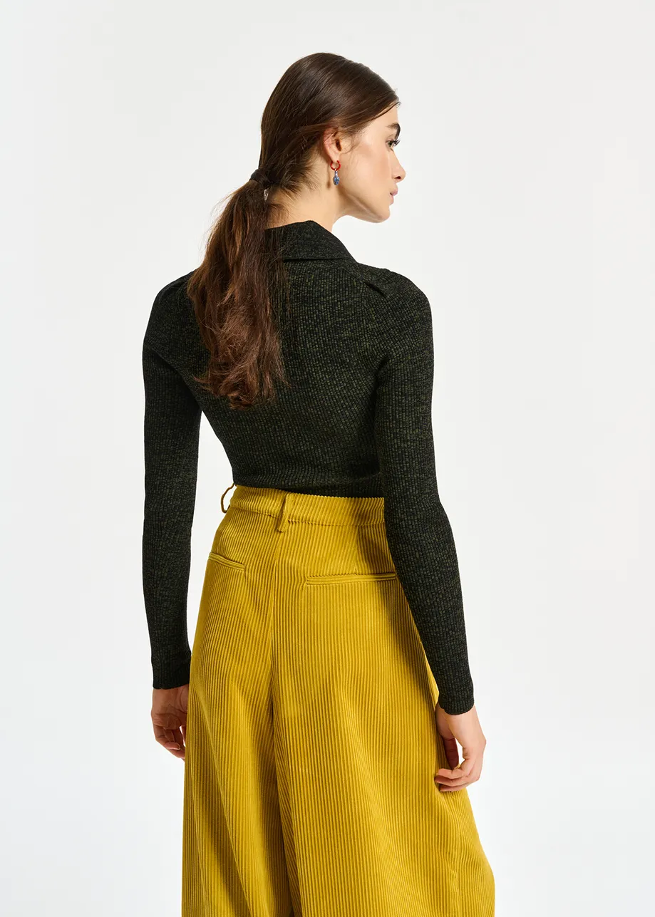 Khaki and black mélange ribbed-knit sweater