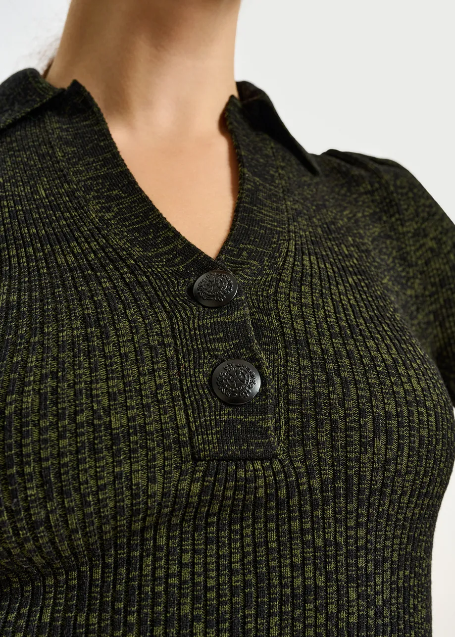 Khaki and black mélange ribbed-knit sweater