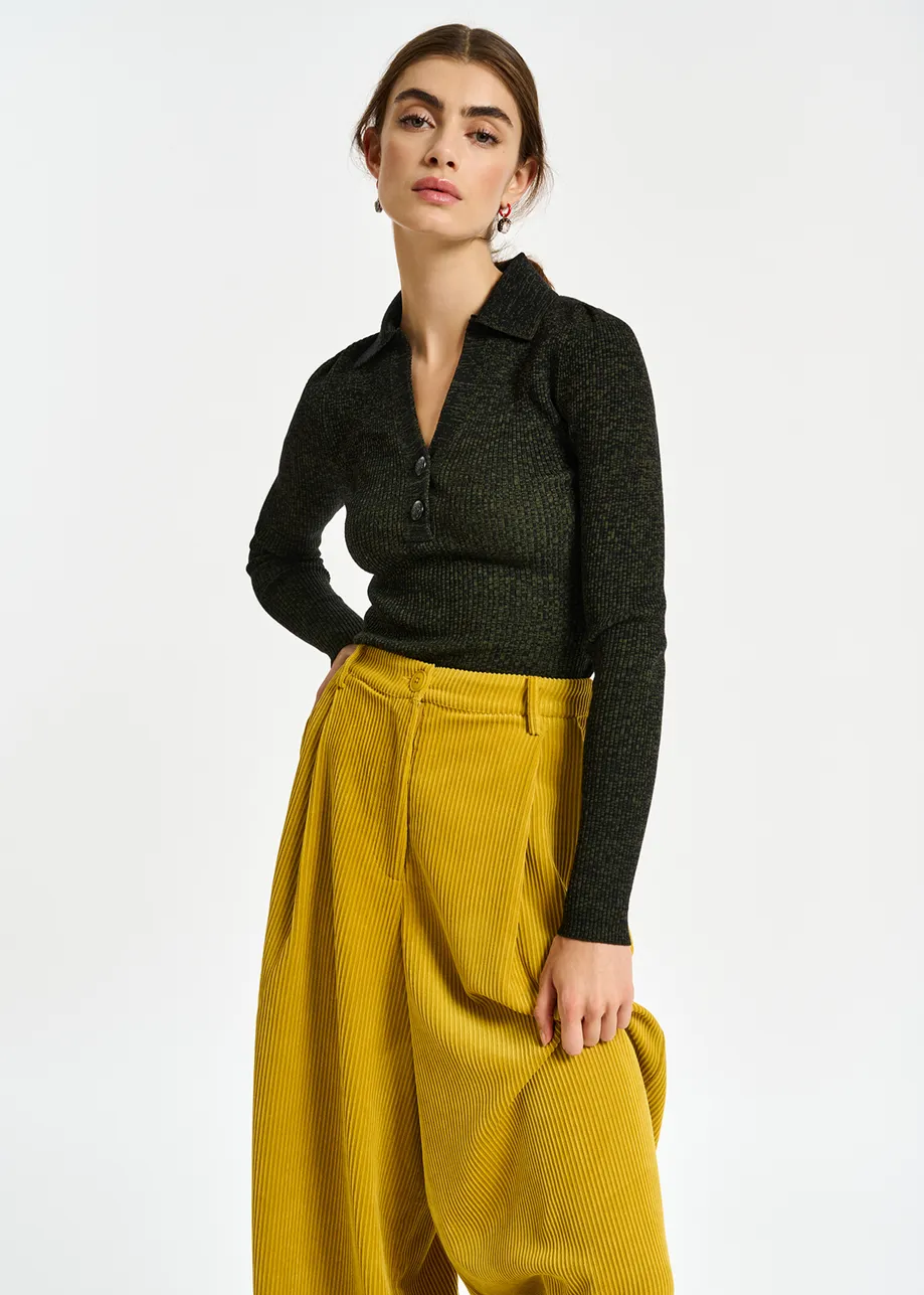 Khaki and black mélange ribbed-knit sweater