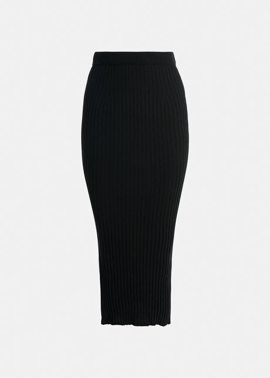 Black rib-knitted midi skirt