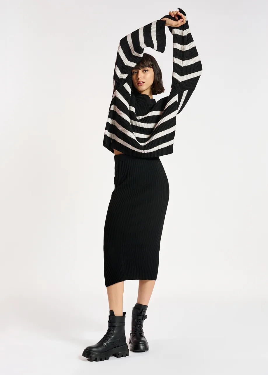 Black rib-knitted midi skirt