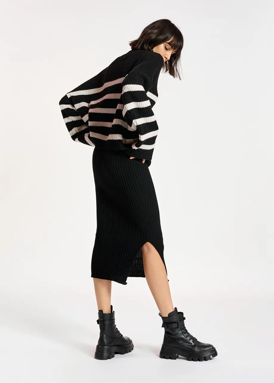 Black rib-knitted midi skirt