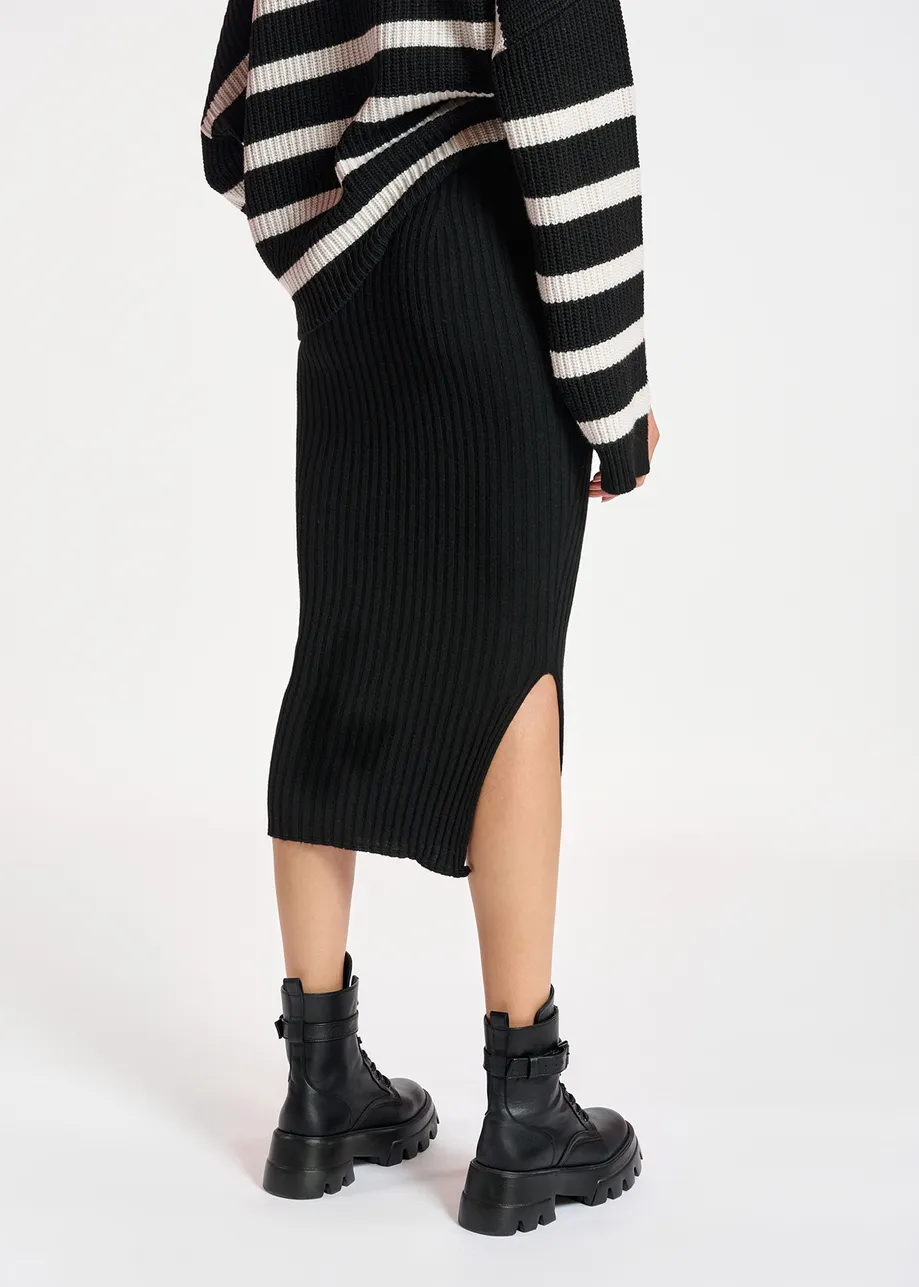 Black rib-knitted midi skirt