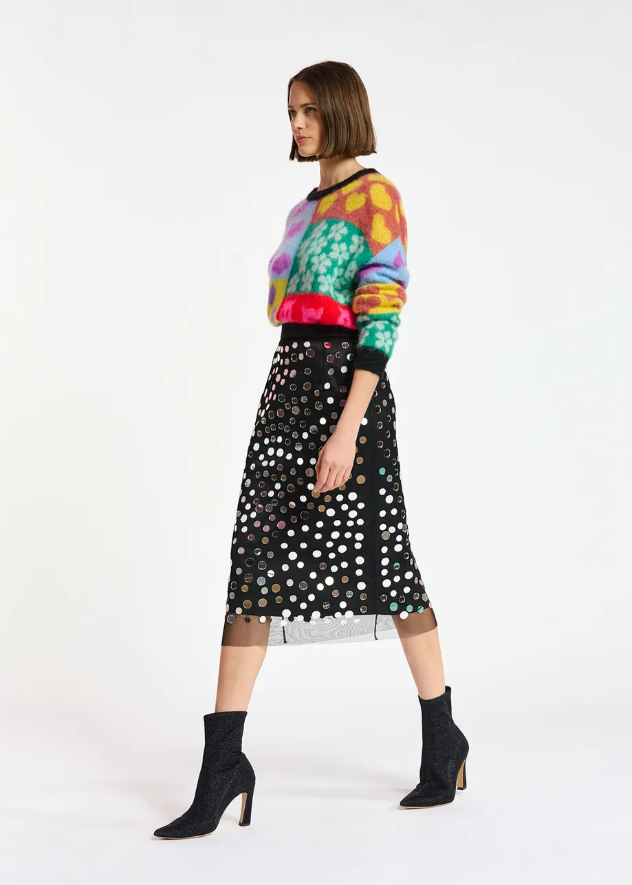 Black mirror-embellished midi skirt