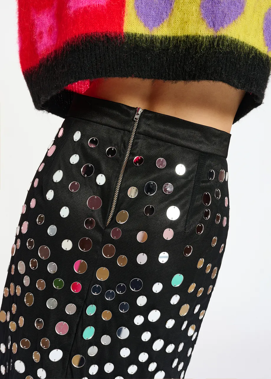 Black mirror-embellished midi skirt
