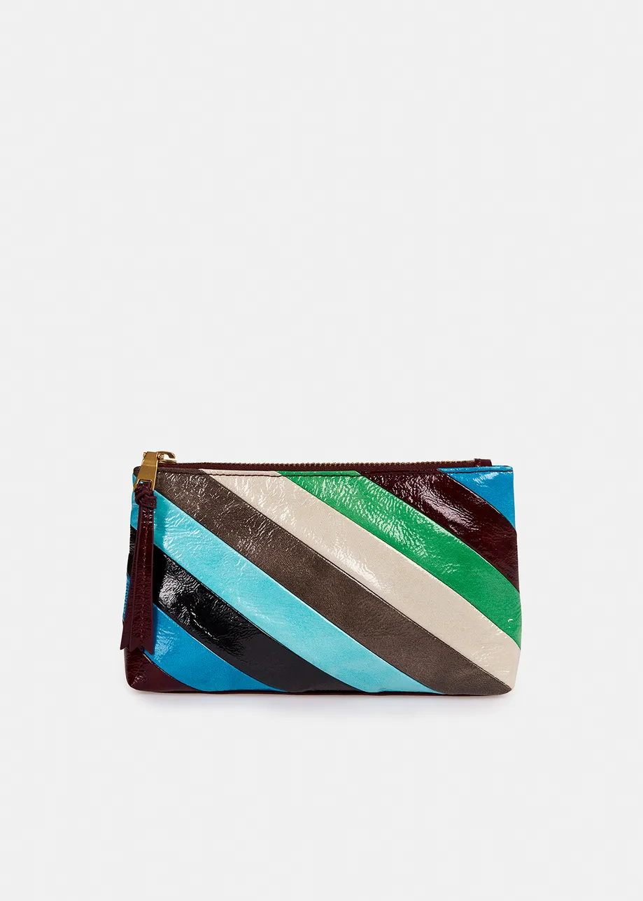 Glossy blue, green and maroon striped pouch