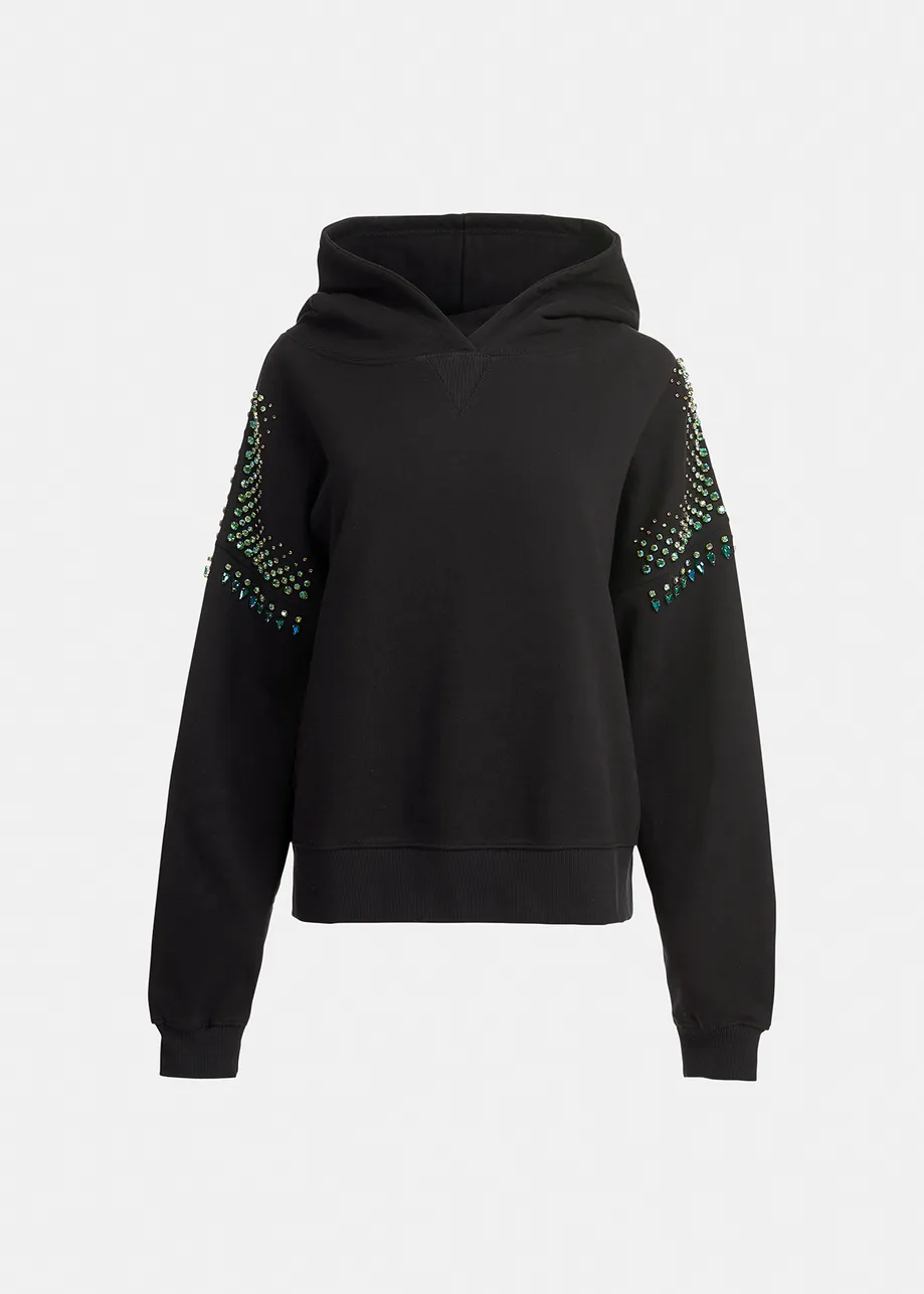 Black hoodie with colorful rhinestone embellishments