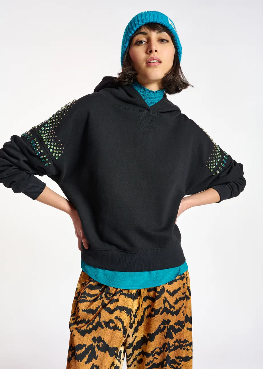 Black hoodie with colorful rhinestone embellishments
