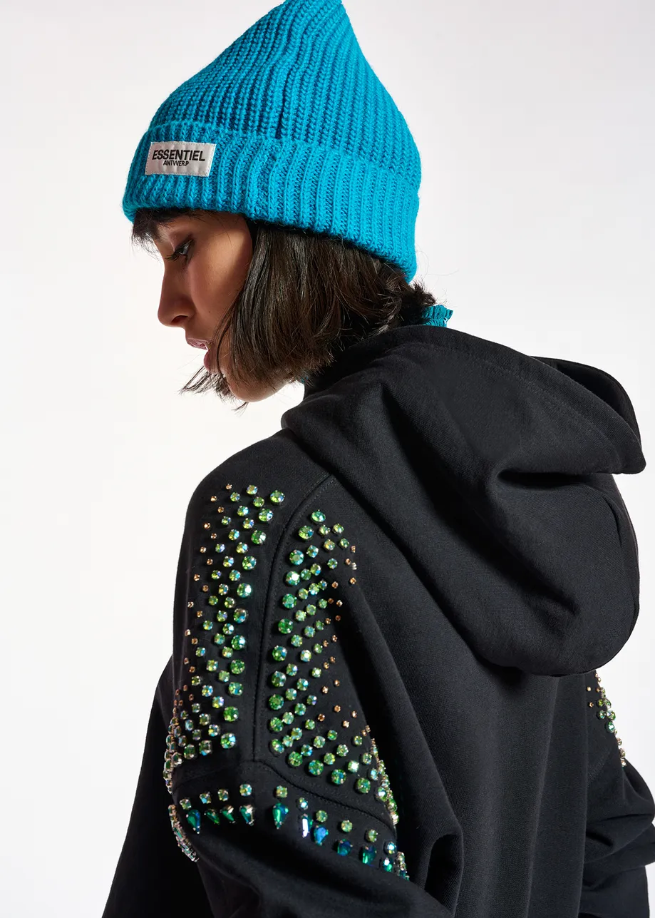 Black hoodie with colorful rhinestone embellishments