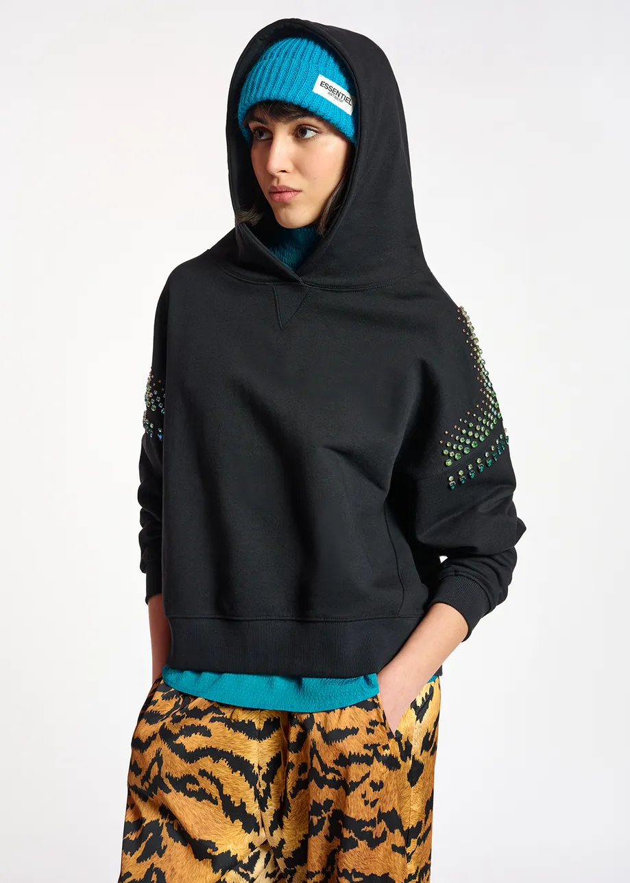 Black hoodie with colorful rhinestone embellishments