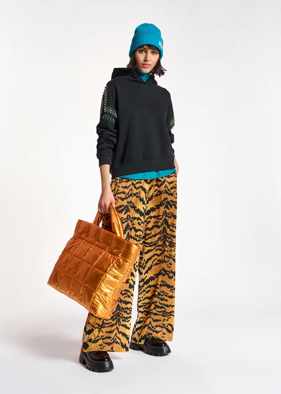 Black hoodie with colorful rhinestone embellishments
