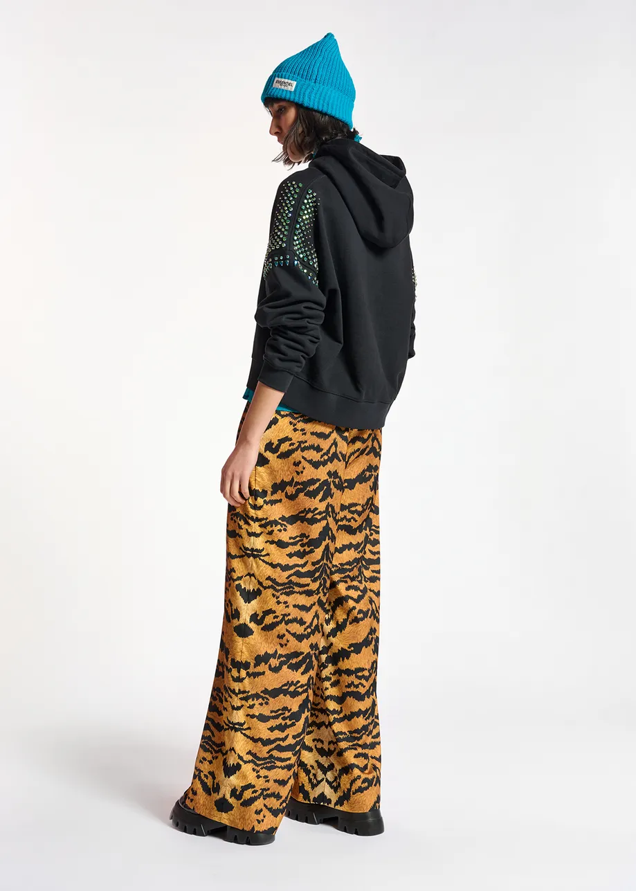 Black hoodie with colorful rhinestone embellishments