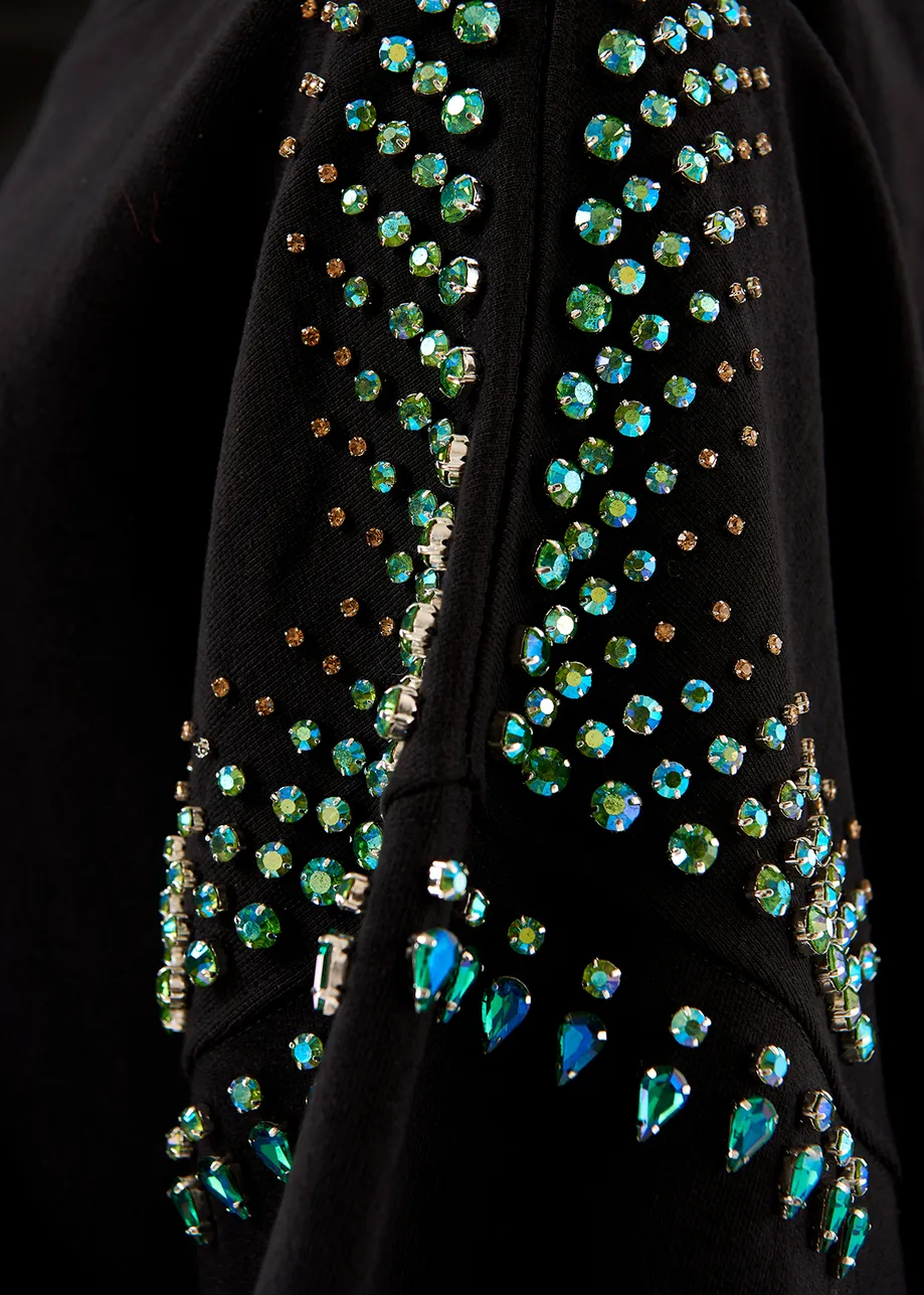 Black hoodie with colorful rhinestone embellishments
