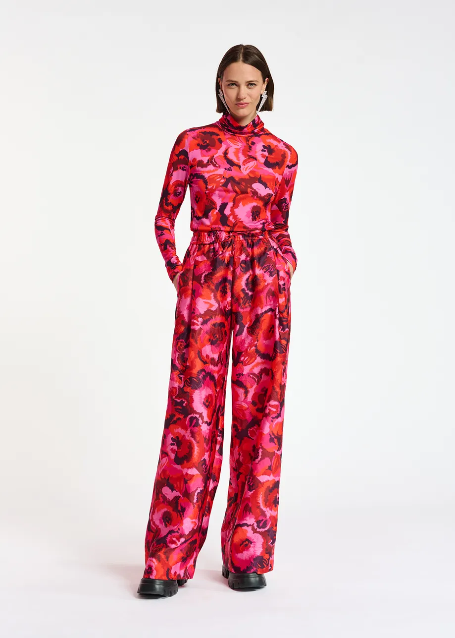 Pink, red and purple floral-jacquard pants