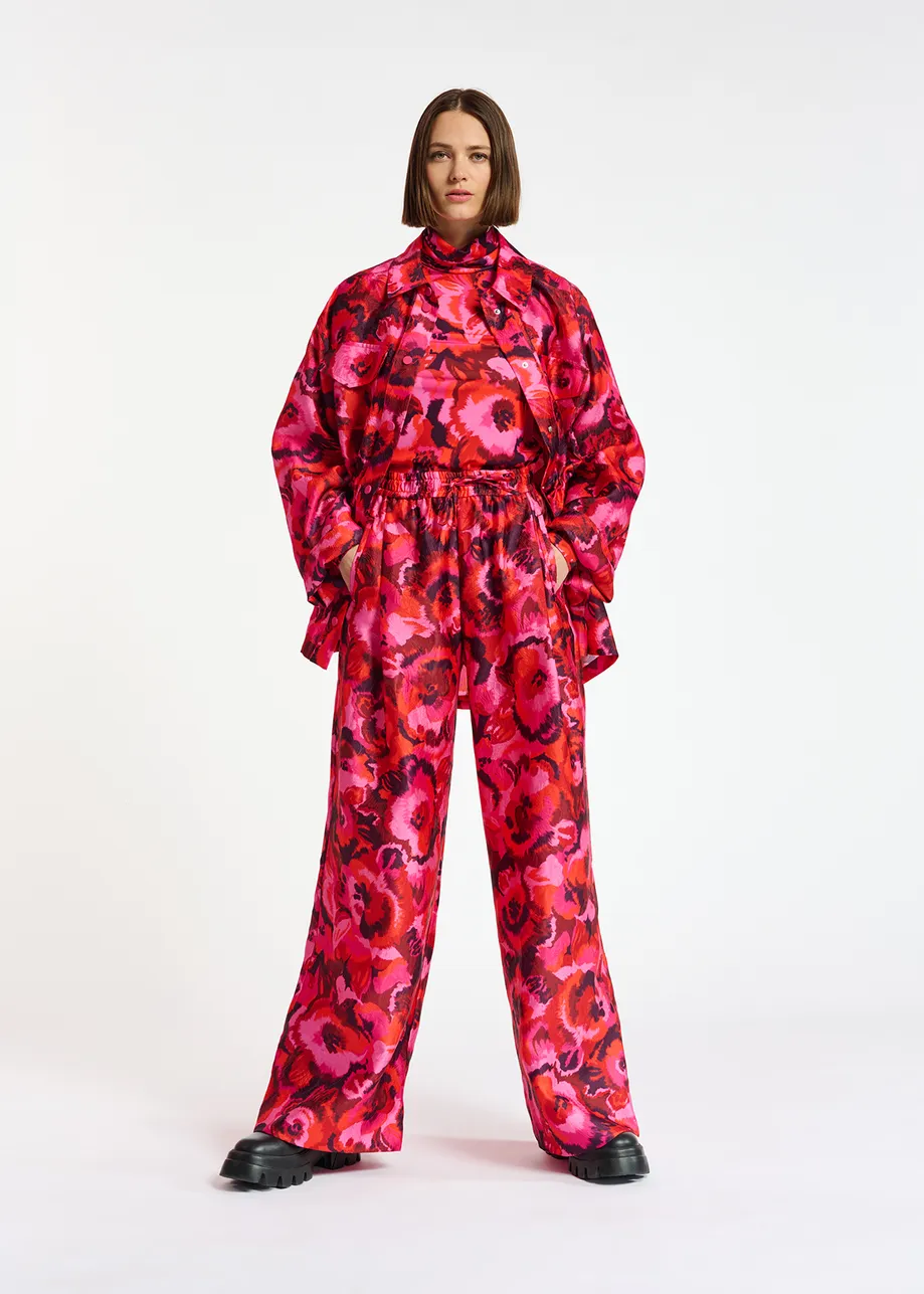 Pink, red and purple floral-jacquard pants