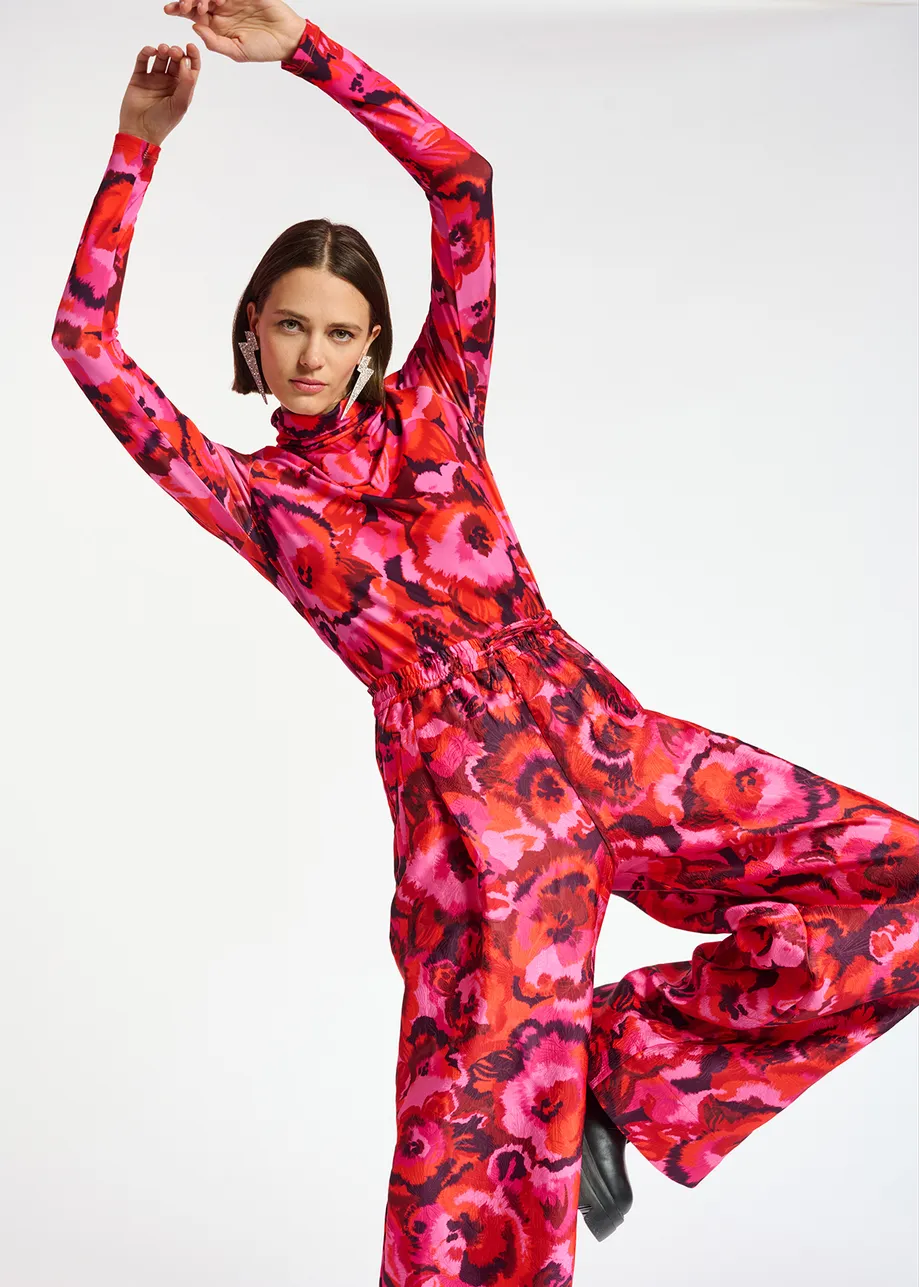 Pink, red and purple floral-jacquard pants