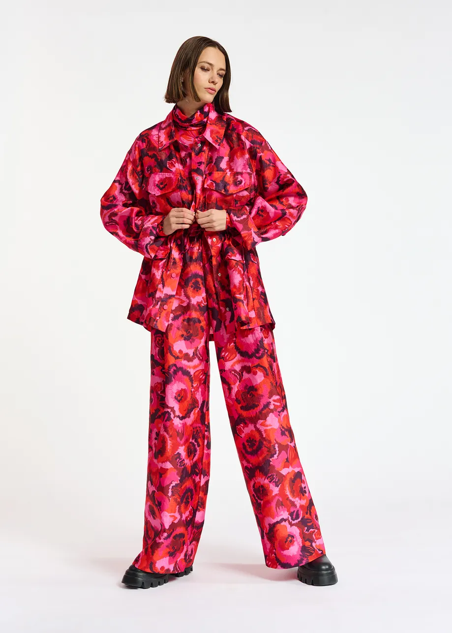 Pink, red and purple floral-jacquard pants