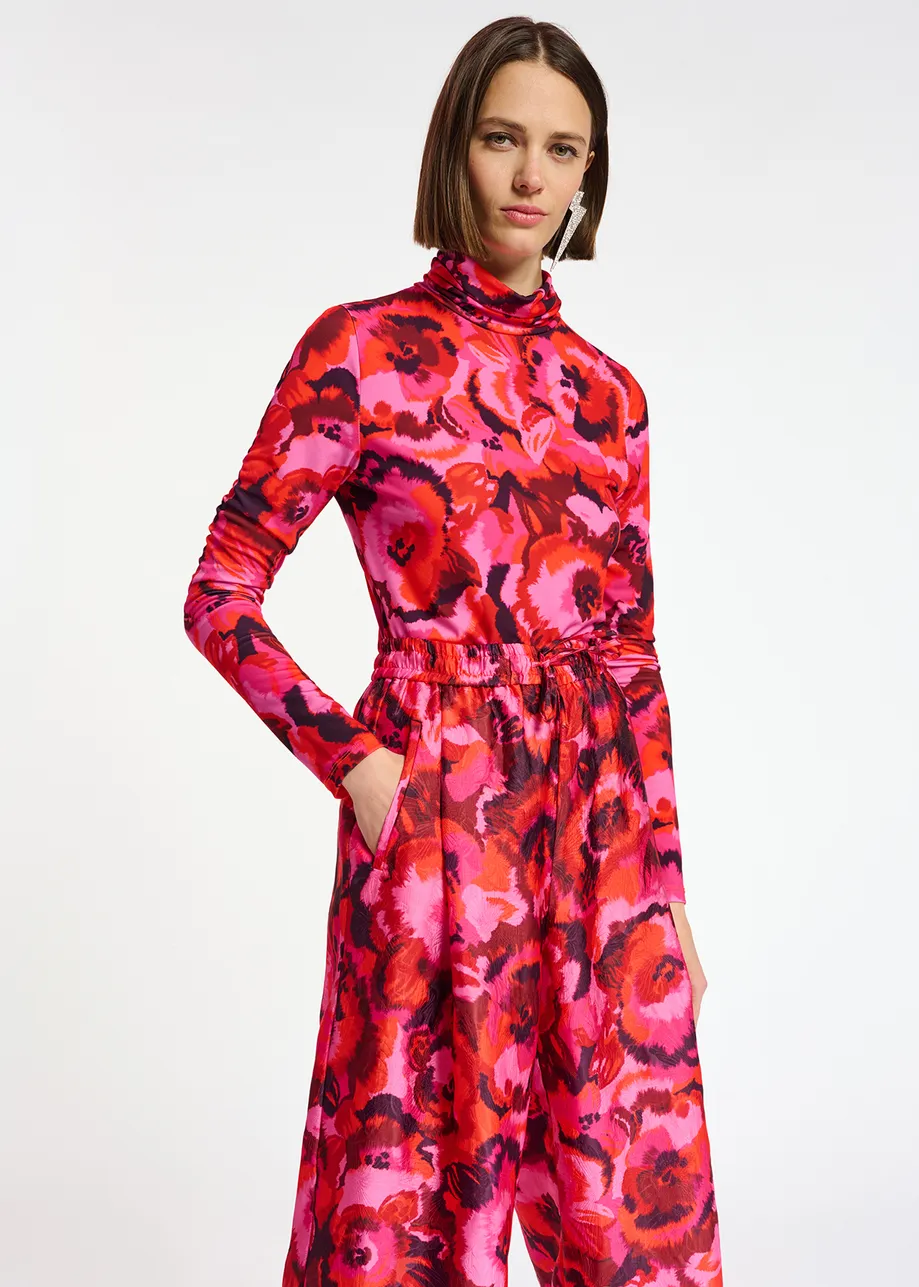 Pink, red and purple floral-jacquard pants