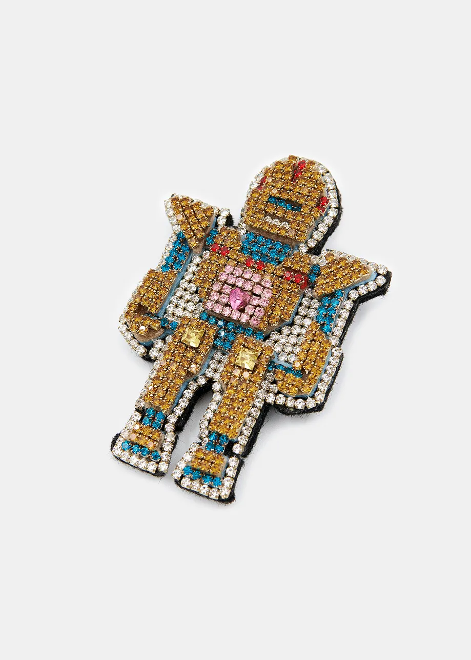 Multicolor rhinestone robot brooch