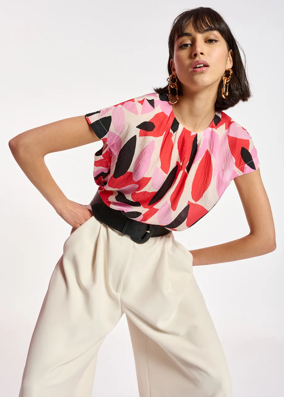 Off-white, red and pink abstract print short-sleeved top