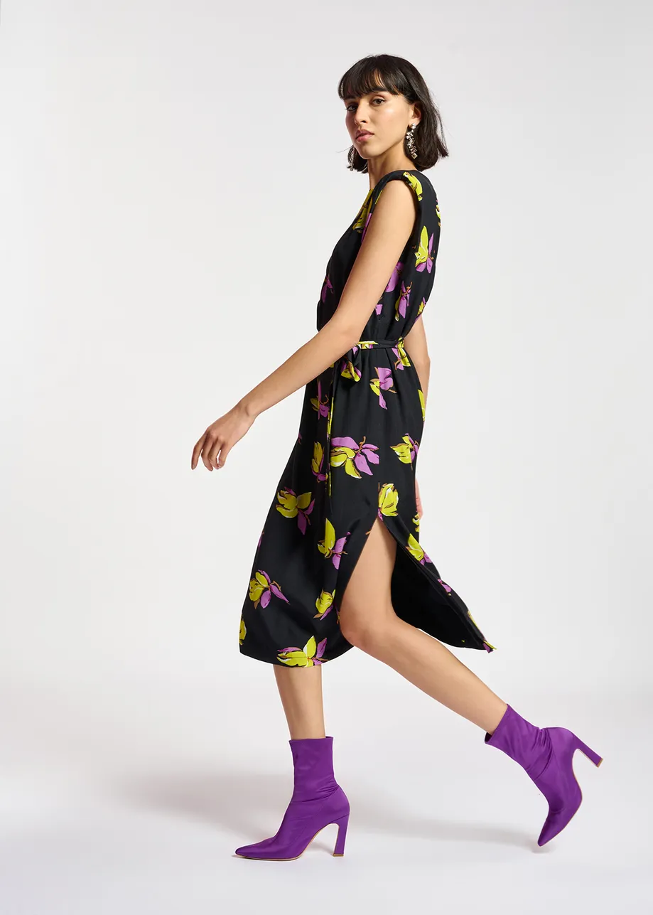 Black floral-print midi-length dress with padded shoulders