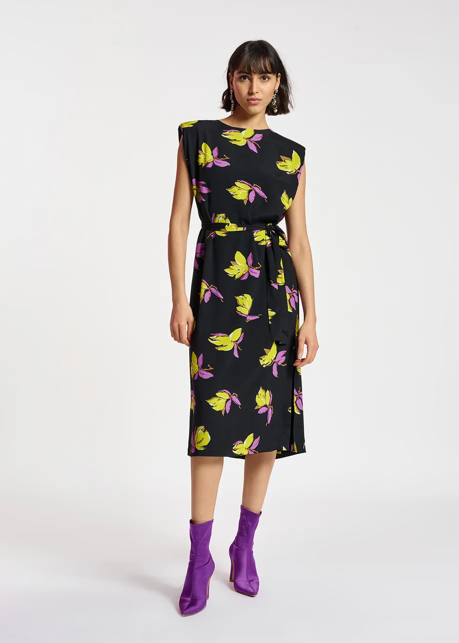 Black floral-print midi-length dress with padded shoulders