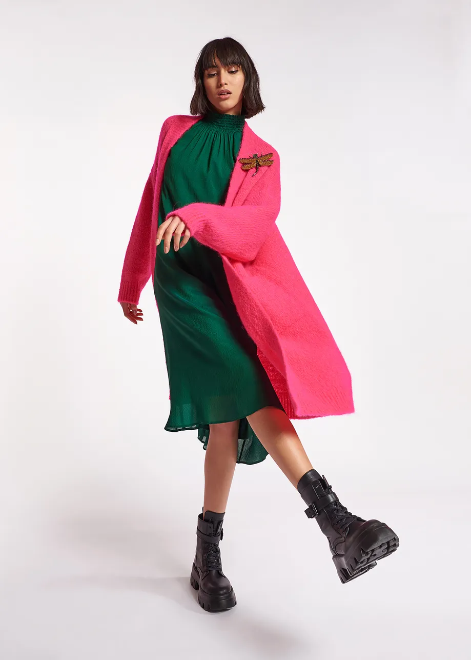 Neon pink midi-length mohair-blend cardigan