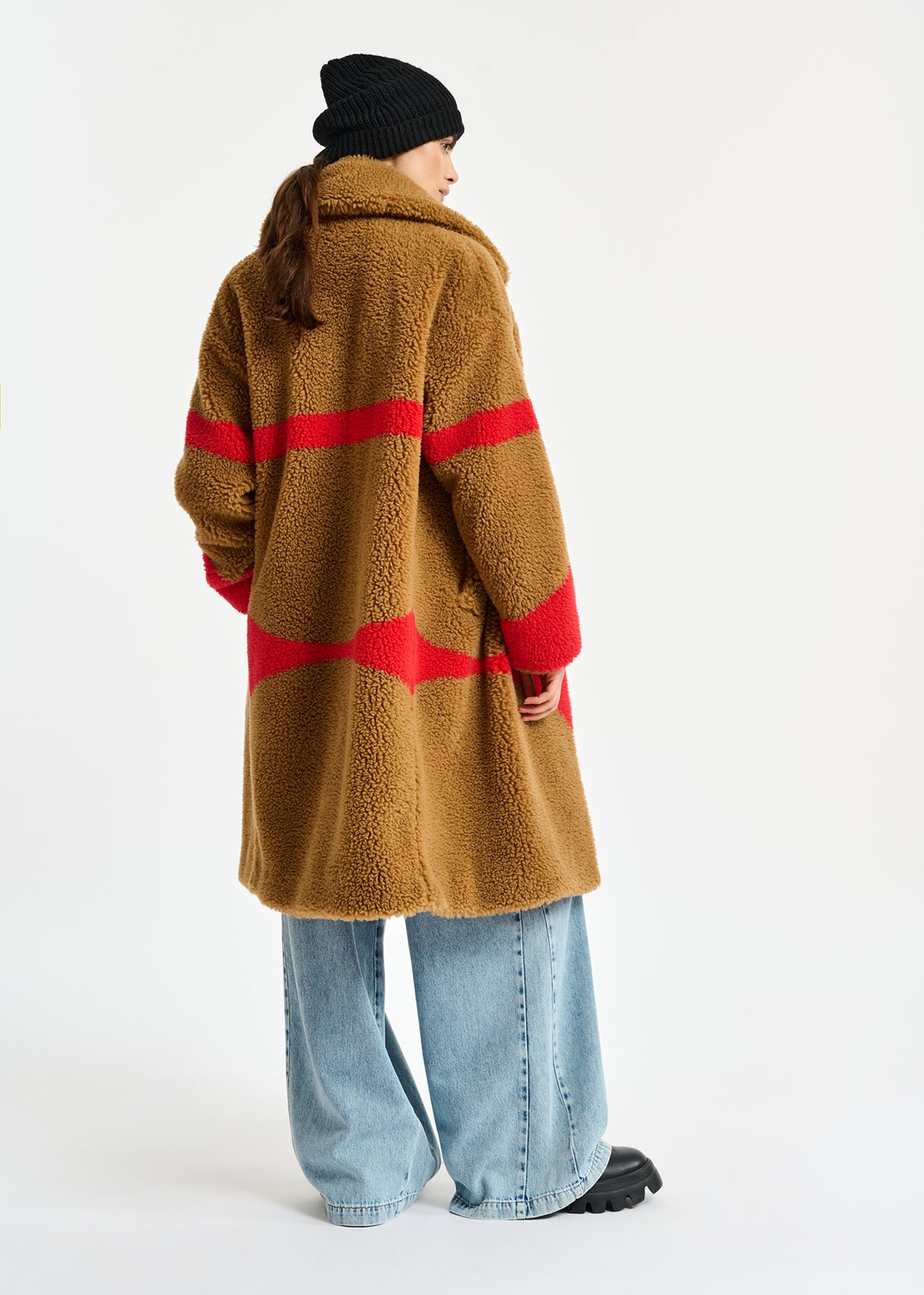 Camel and red teddy coat