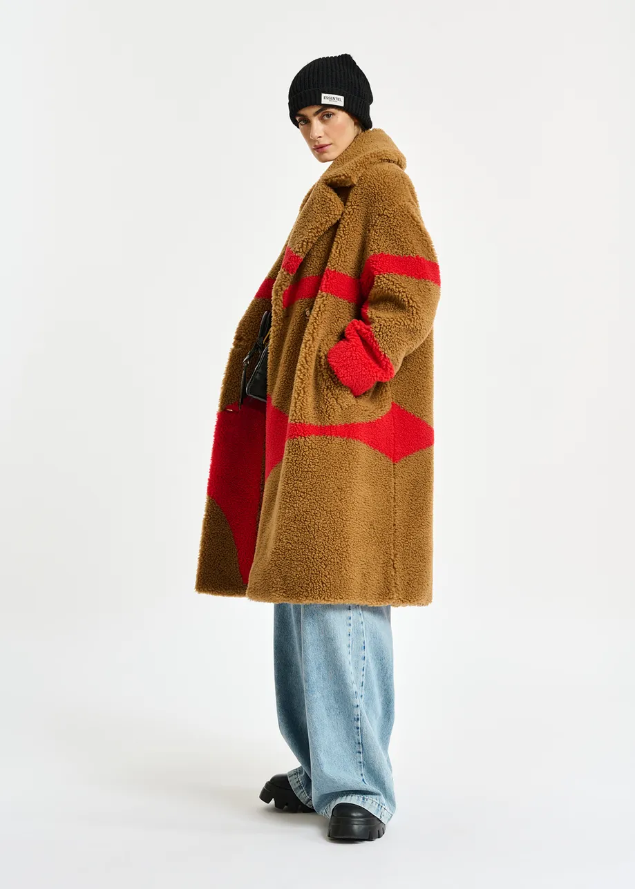 Camel and red teddy coat