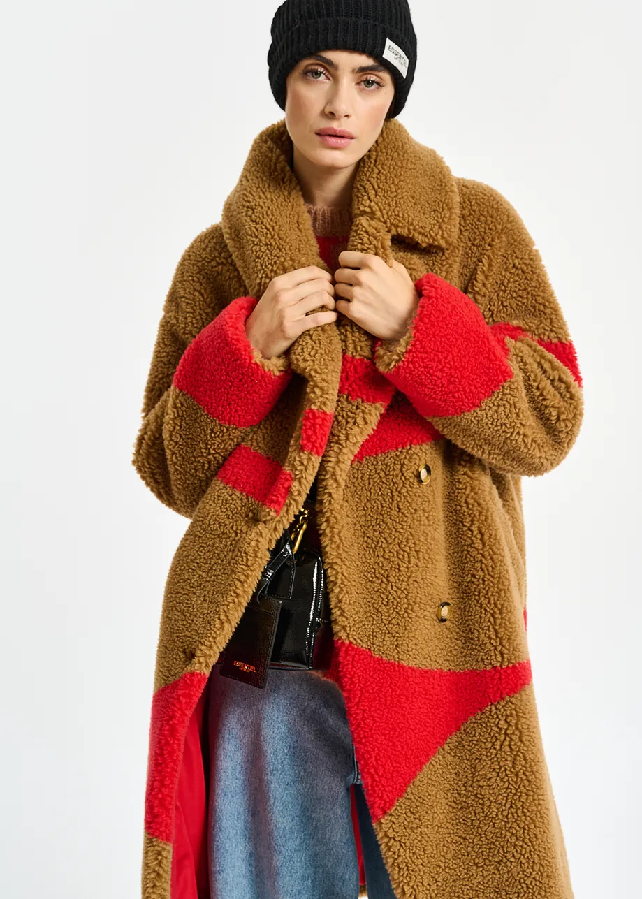 Camel and red teddy coat