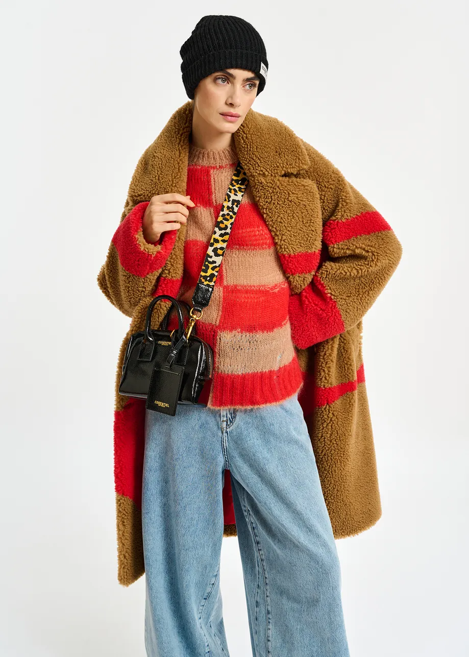 Camel and red teddy coat