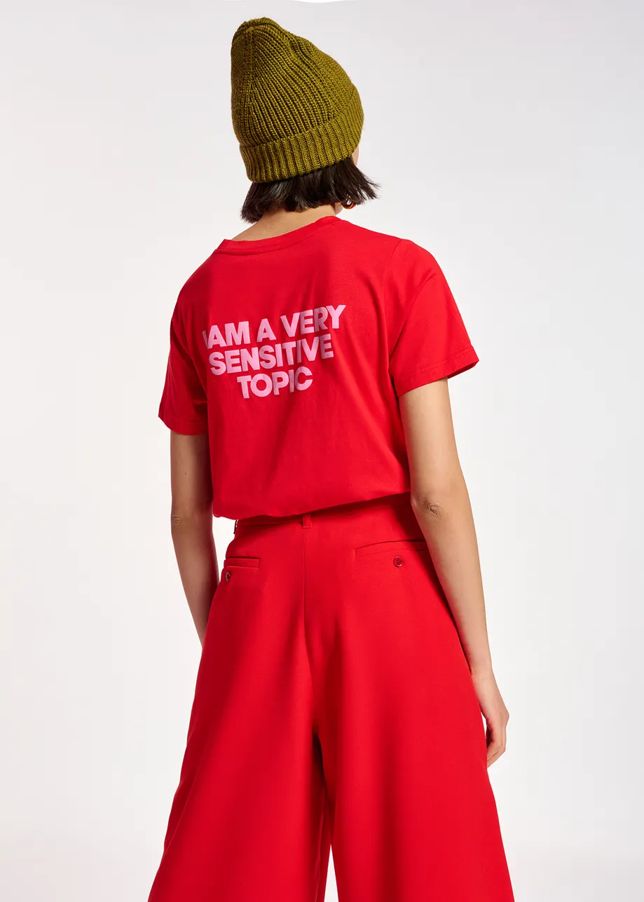 Red organic cotton slogan T-shirt