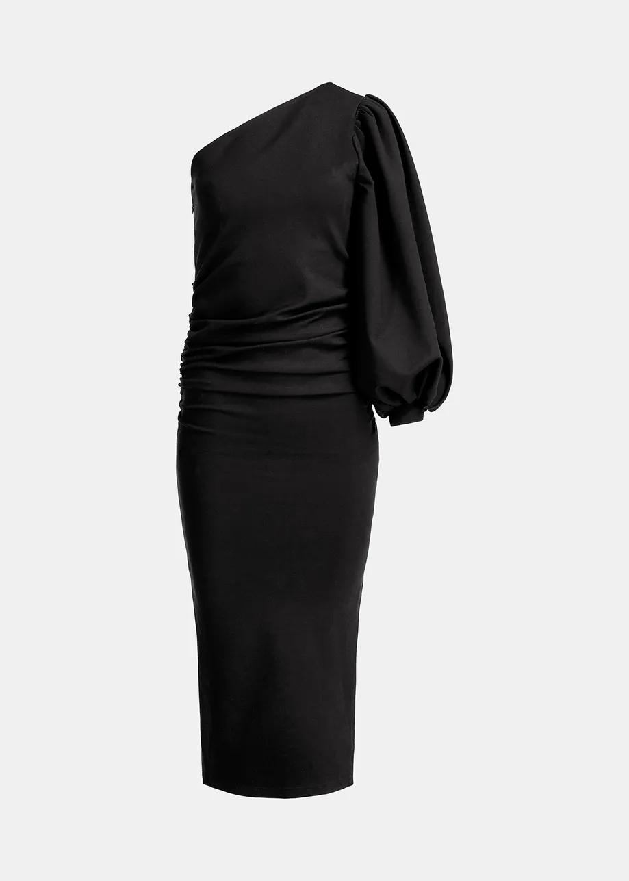 Black one-shoulder stretch-jersey midi dress