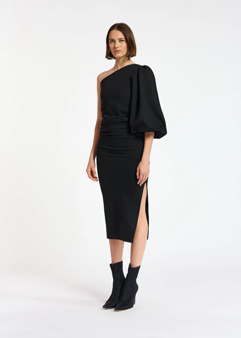 Black one-shoulder stretch-jersey midi dress