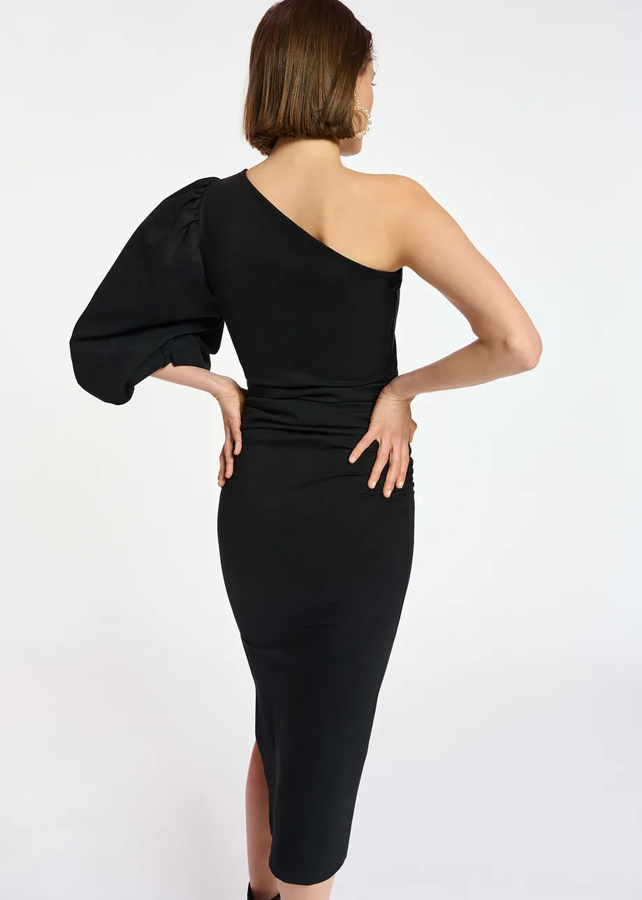 Black one-shoulder stretch-jersey midi dress