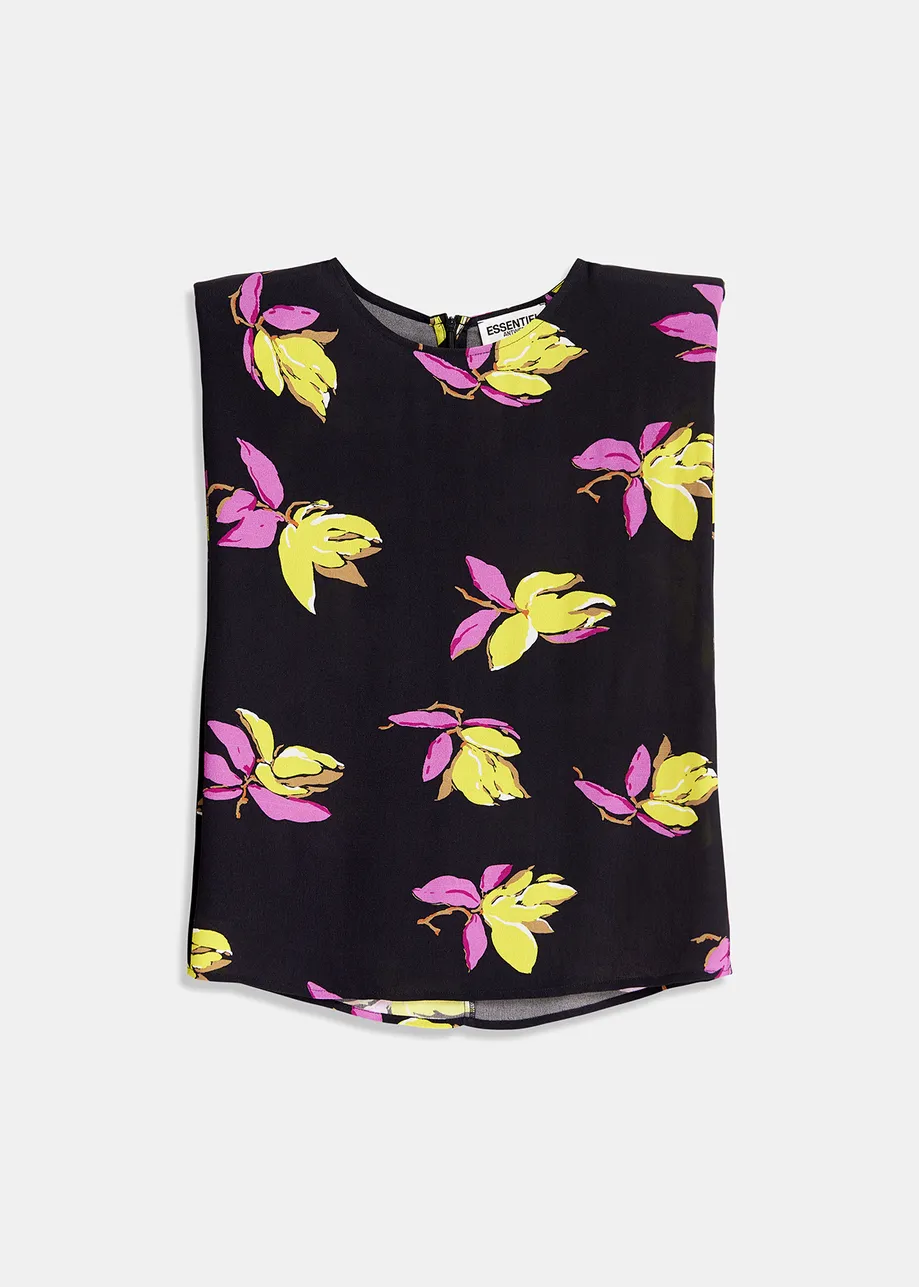 Black floral-print sleeveless top with padded shoulders