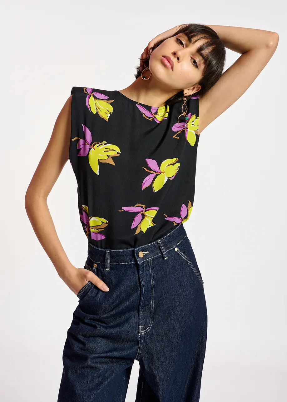 Black floral-print sleeveless top with padded shoulders