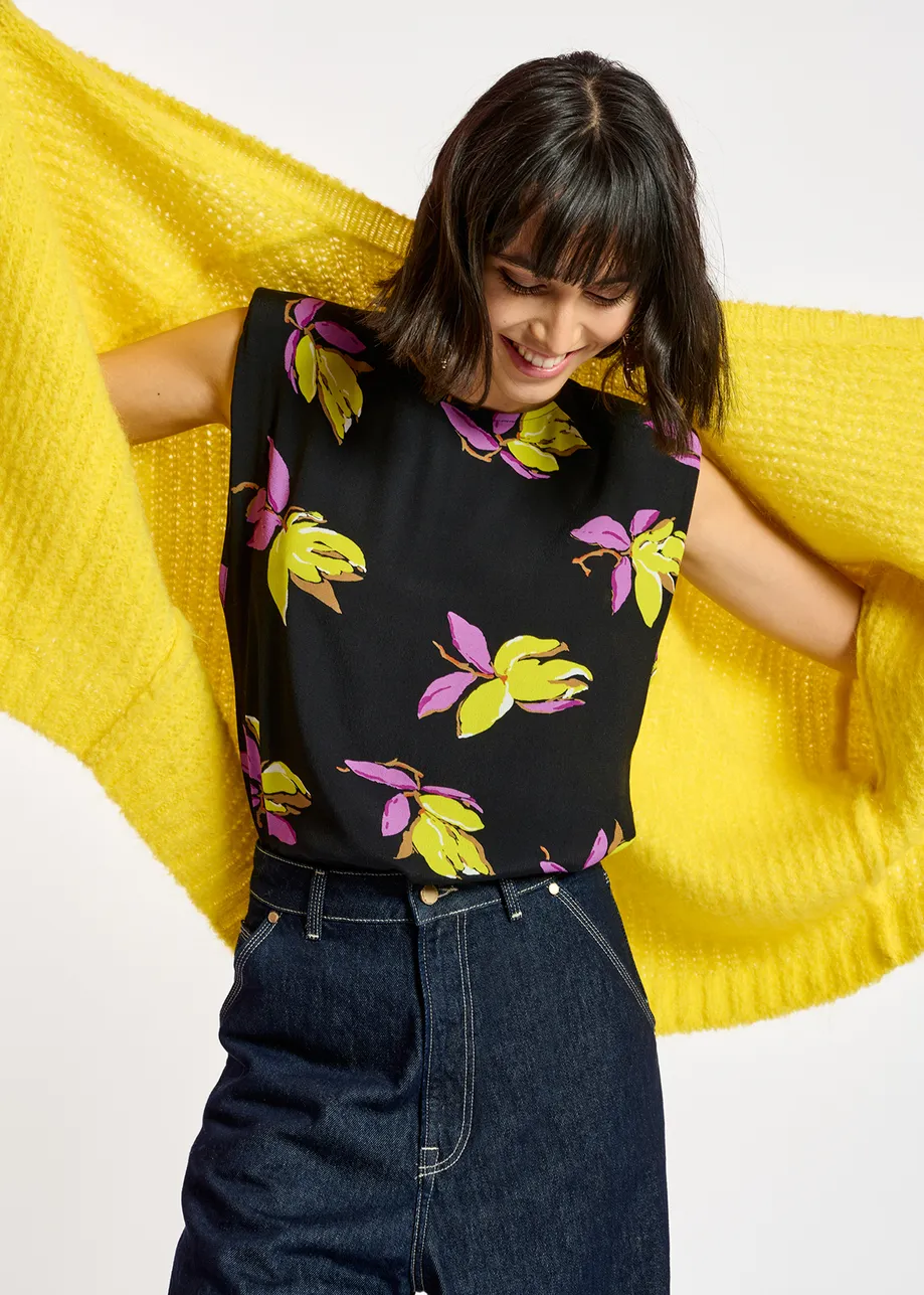 Black floral-print sleeveless top with padded shoulders