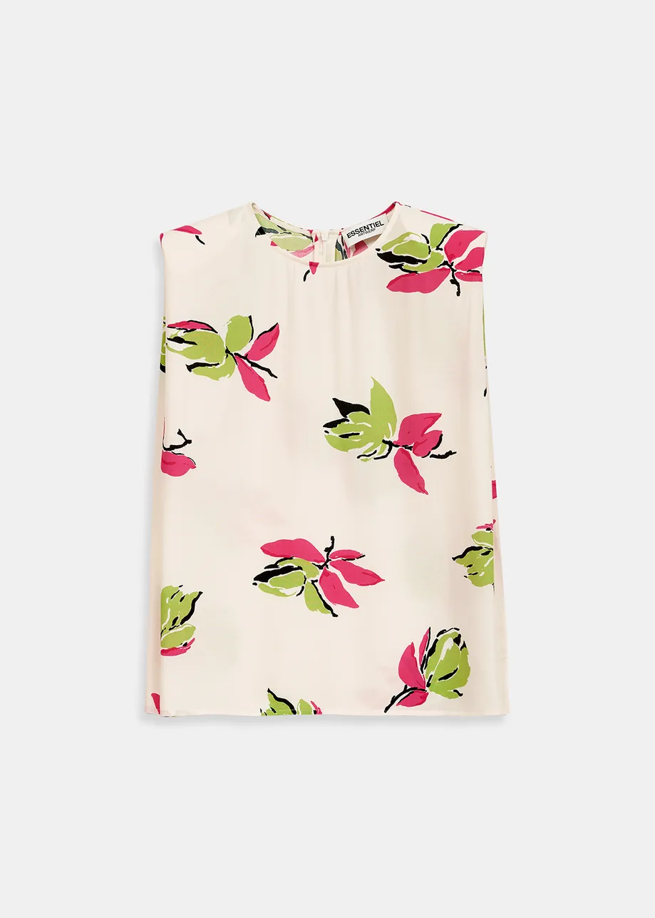 Off-white floral-print sleeveless top with padded shoulders