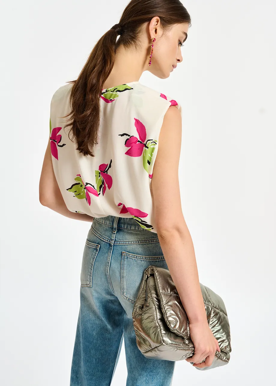 Off-white floral-print sleeveless top with padded shoulders