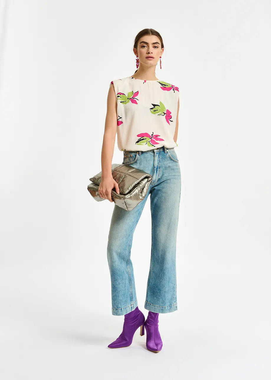 Off-white floral-print sleeveless top with padded shoulders